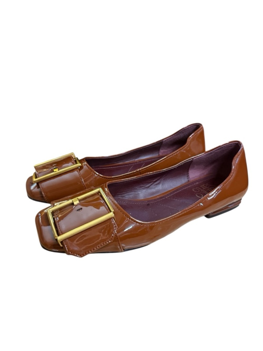 Franco Sarto Cognac Brown Patent Leather Ballet Flats with Gold Buckle Size 7
